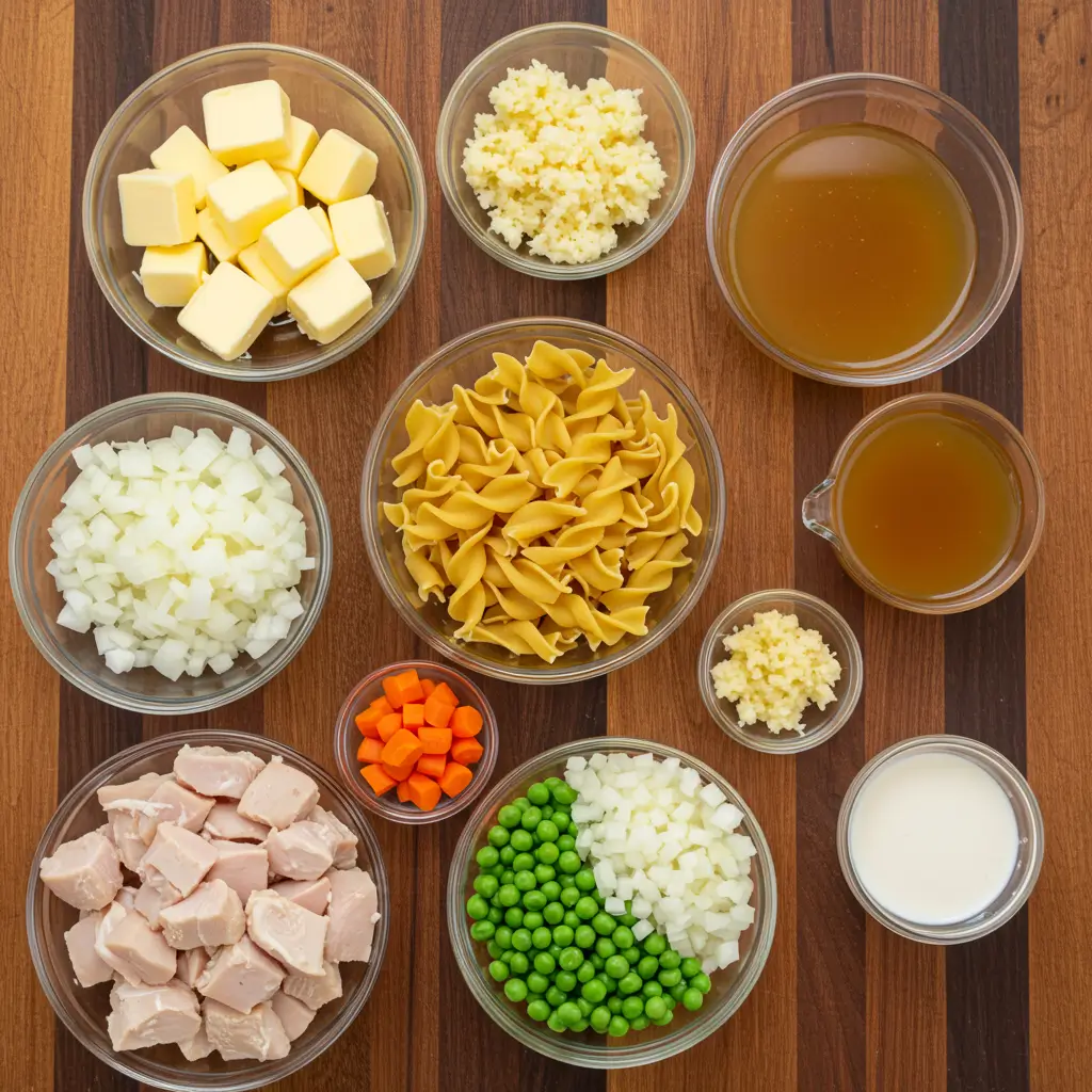 Chicken Pot Pie Noodle Skillet ingredients on counter.