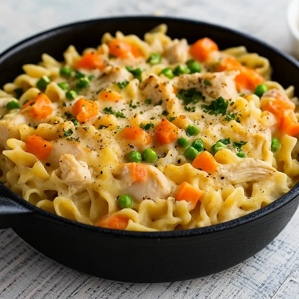 Chicken Pot Pie Noodle Skillet in cast iron pan.