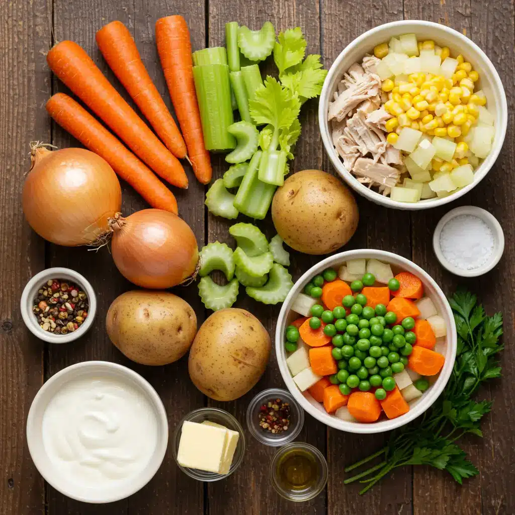 Chicken Pot Pie Soup ingredients on wooden table