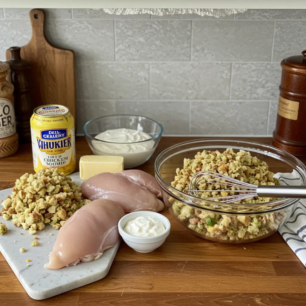 Chicken Stuffing Bake ingredients on a rustic kitchen counter ready to prepare