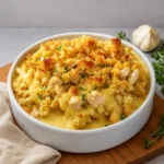 Chicken Stuffing Bake fresh from the oven with golden crispy stuffing topping