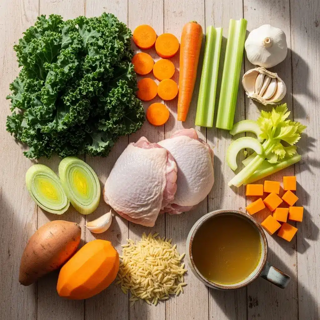 Chicken Vegetable Soup ingredients flat lay