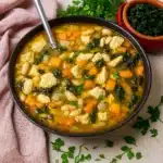 chicken white bean soup in rustic bowl