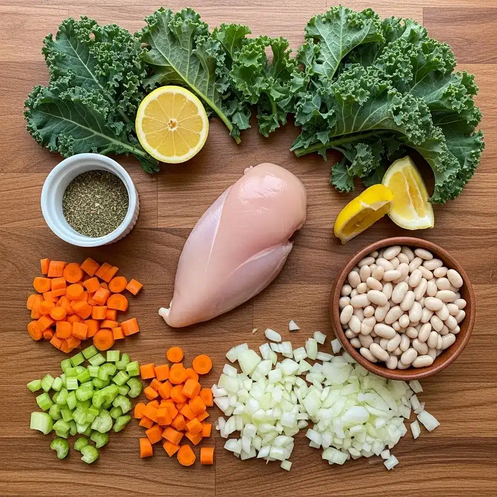 chicken white bean soup ingredients flat lay