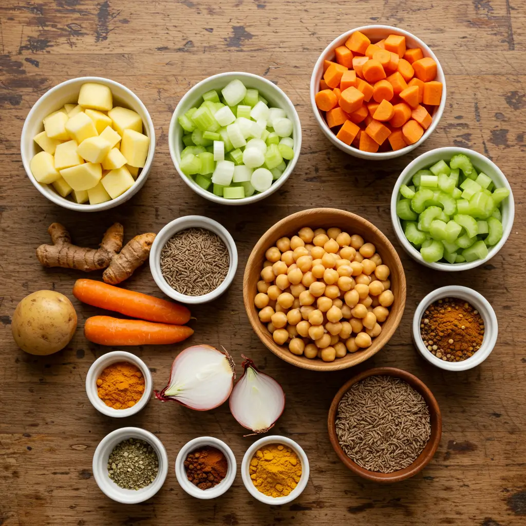 Chickpea Potato Soup ingredients on a rustic table