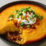 Cowboy Cornbread Casserole baked with cheese topping