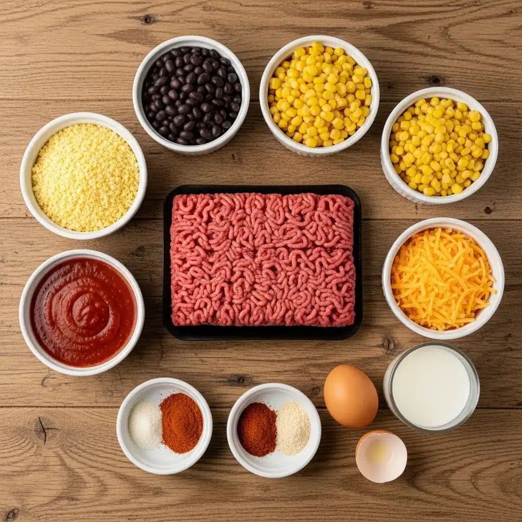 Cowboy Cornbread Casserole ingredients on wooden table