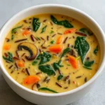 Cozy Autumn Wild Rice Soup in a rustic fall setting