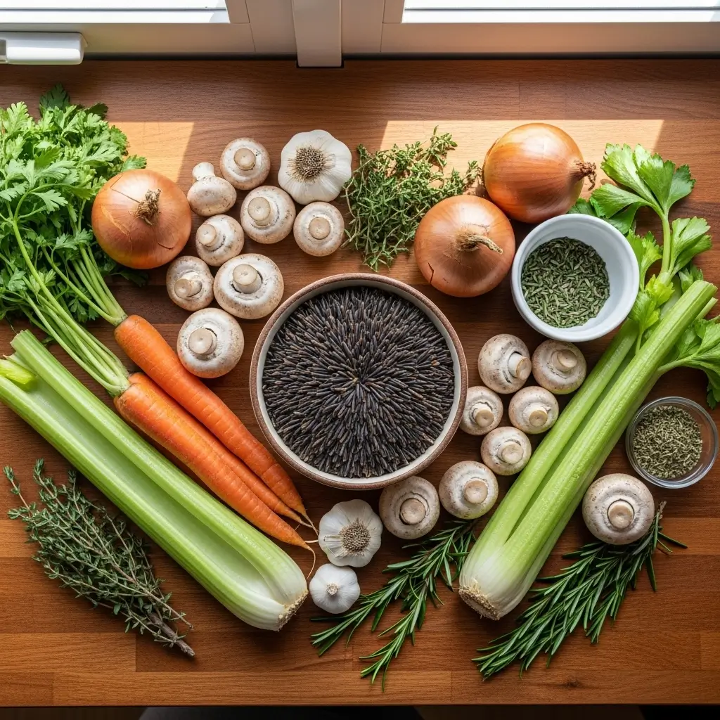 Ingredients for Cozy Autumn Wild Rice Soup arranged on a rustic table