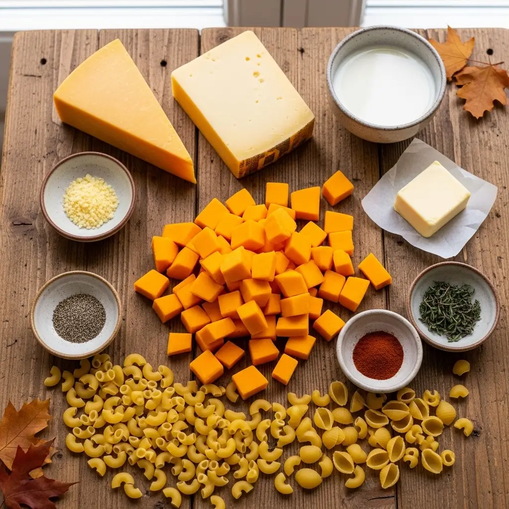 Cozy Fall Butternut Mac Cheese ingredients on rustic table