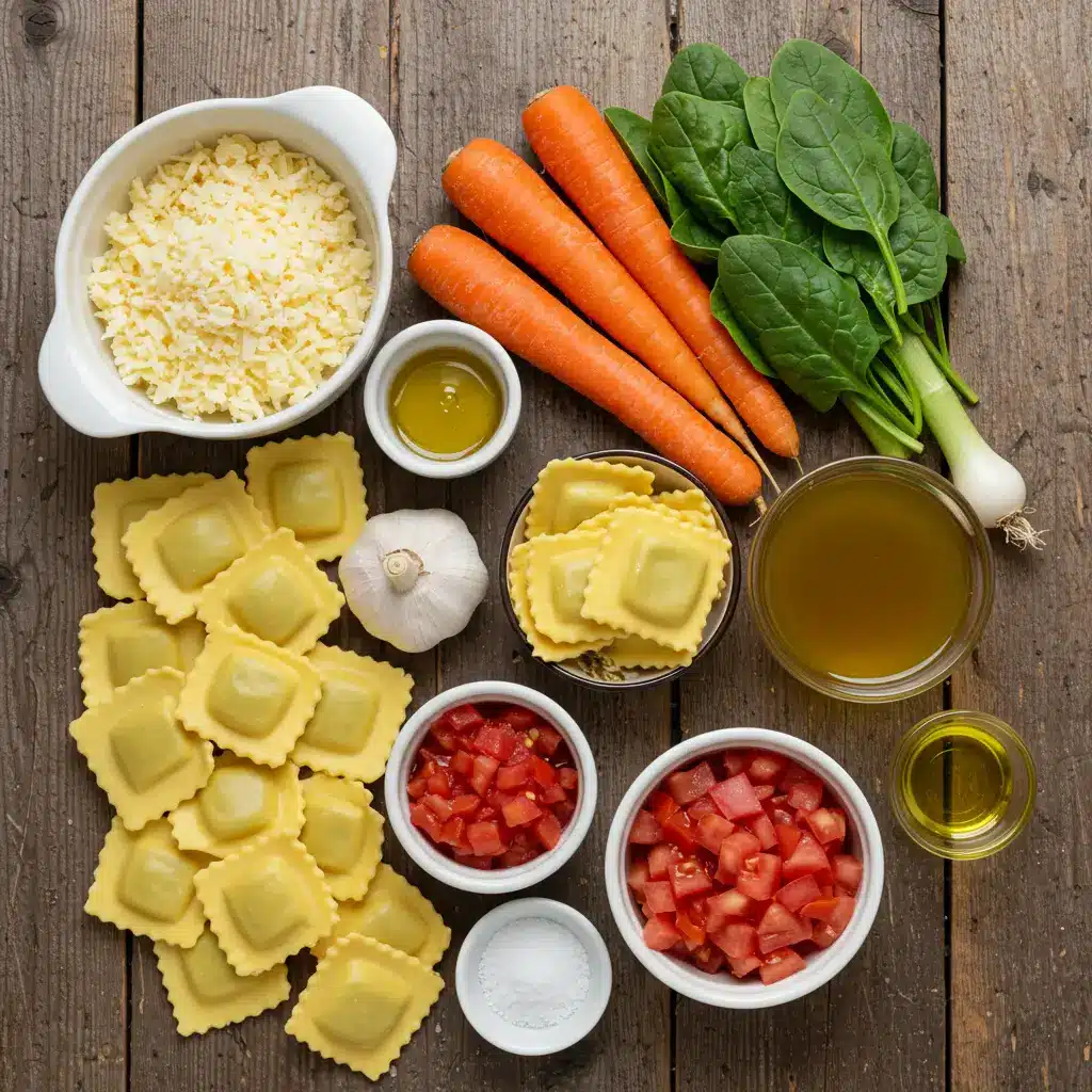 Cozy One Pot Ravioli Soup ingredients on wooden table