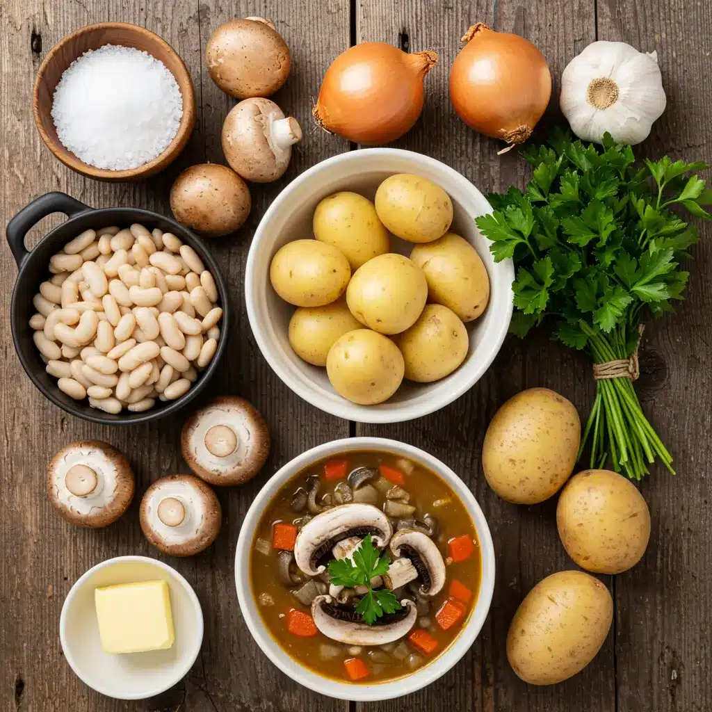 Cozy White Bean Mushroom Stew vegan ingredients flat lay