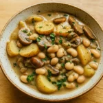 Cozy White Bean Mushroom Stew vegan comfort food in rustic bowl