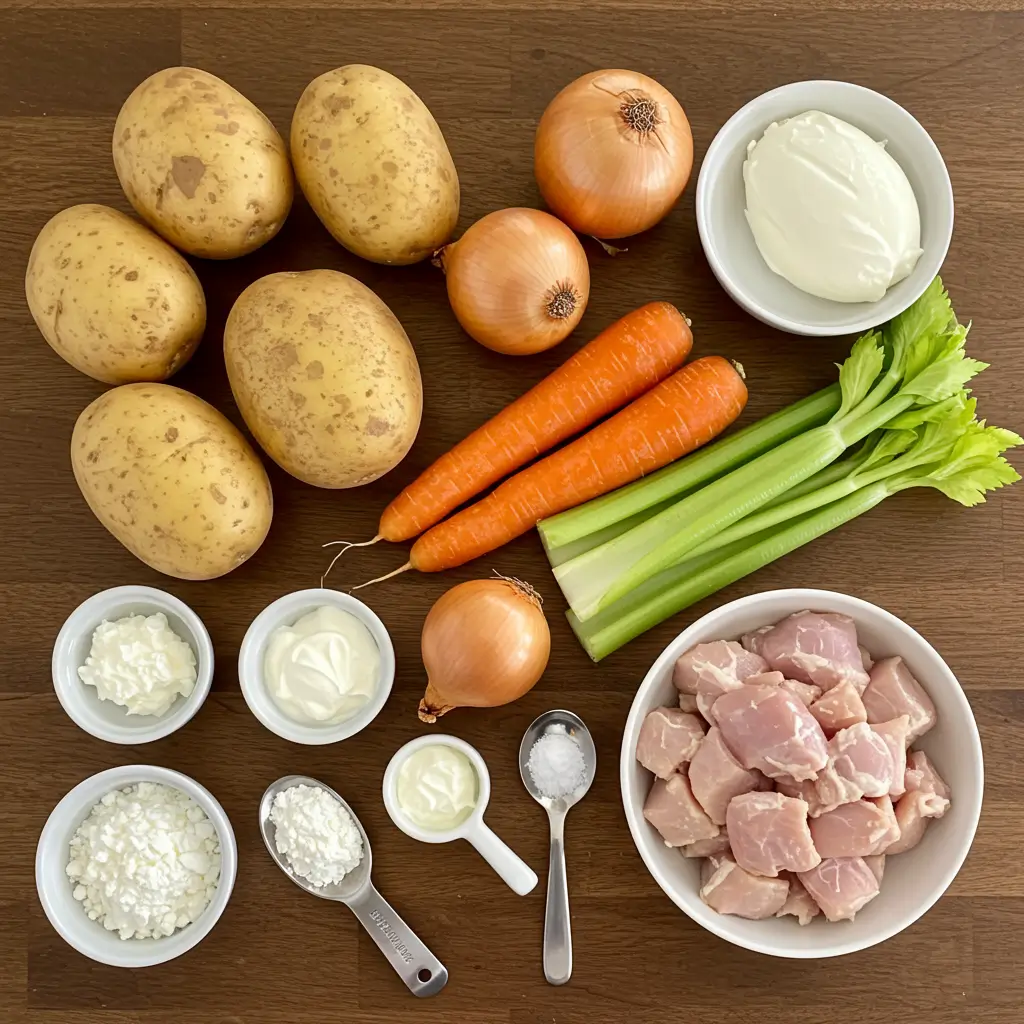 Ingredients for Cream Potato Soup arranged neatly