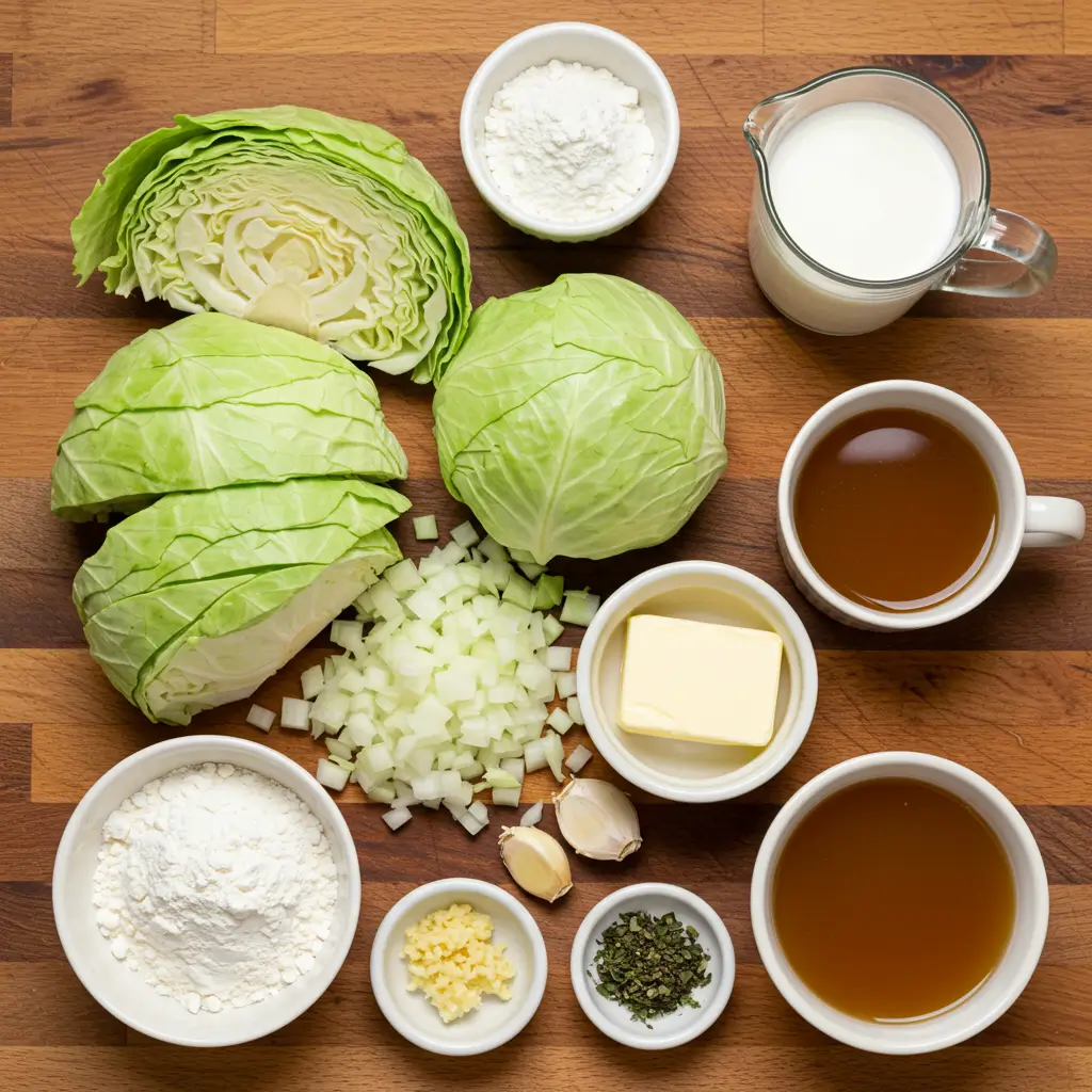 Fresh ingredients for creamed cabbage recipe arranged on wooden counter