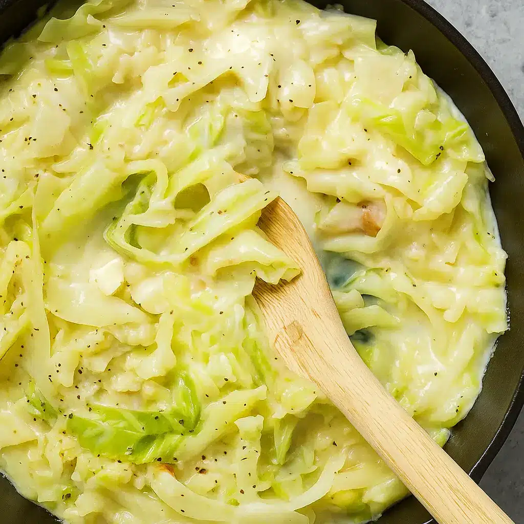 Creamed cabbage recipe served in rustic bowl