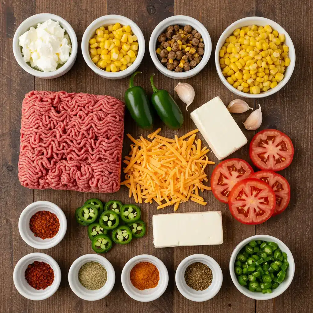 Ingredients for creamy beef taco soup on a wooden table