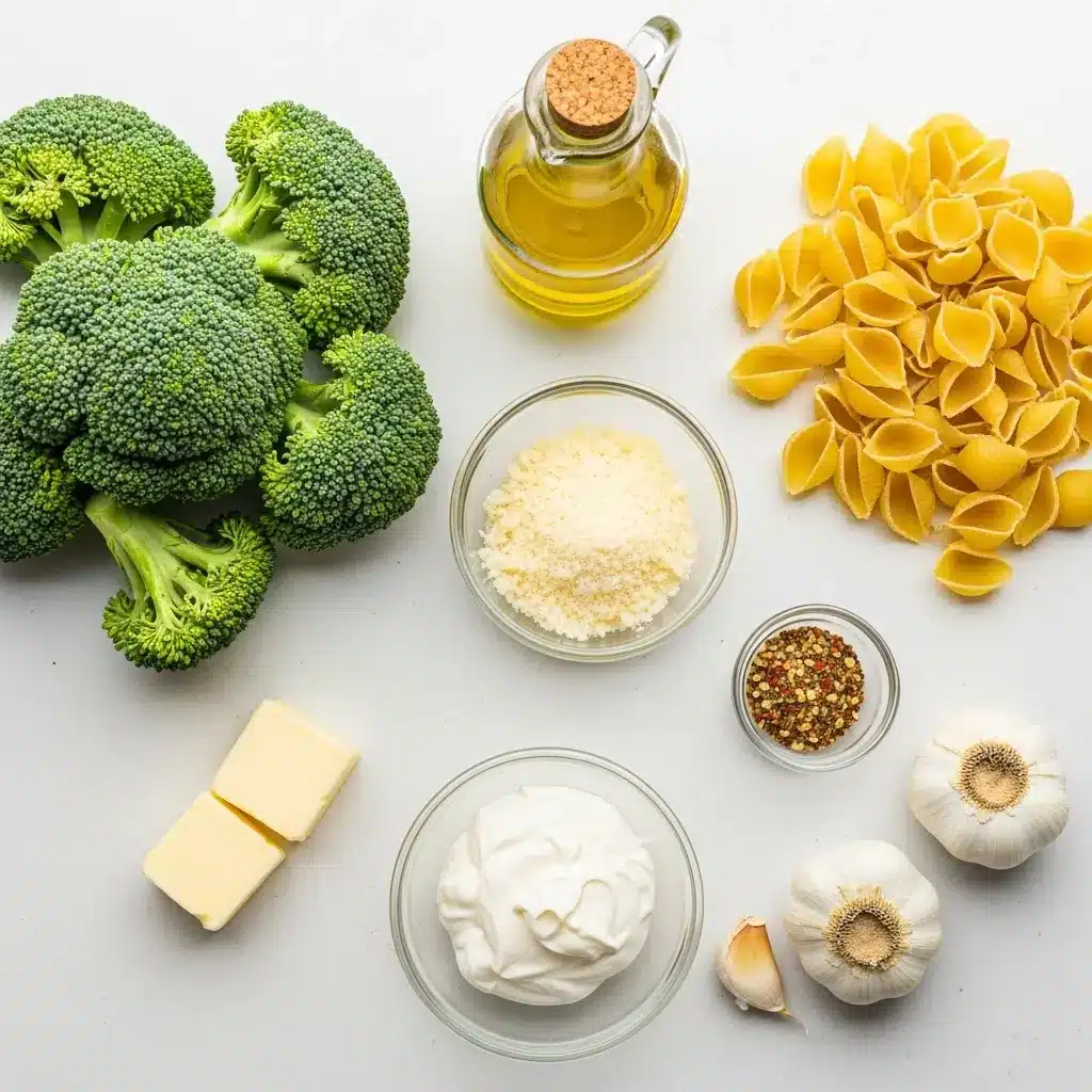 Creamy Broccoli Pasta ingredients flat lay