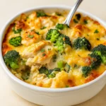 creamy chicken broccoli casserole baked with cheese and breadcrumbs