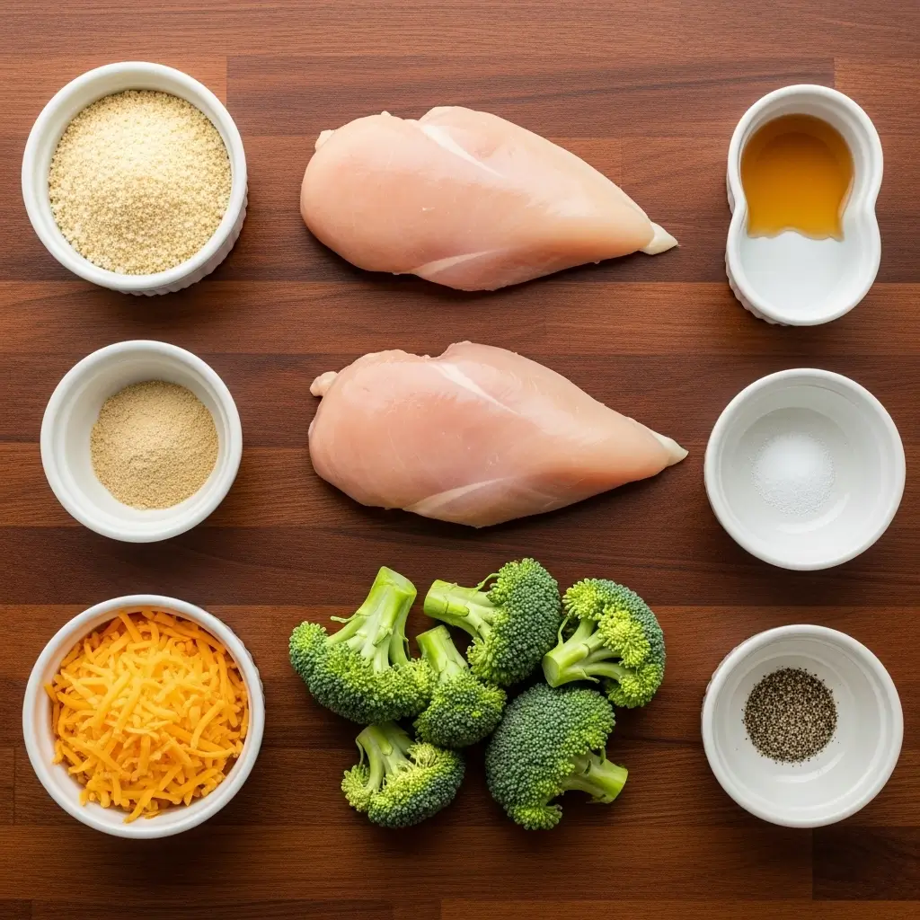 creamy chicken broccoli casserole ingredients arranged on wooden table