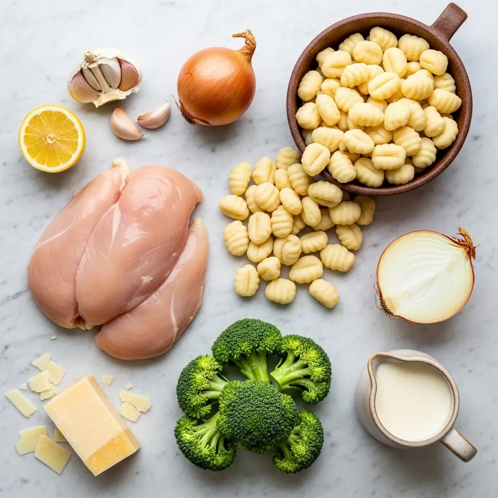 Ingredients for creamy chicken and broccoli gnocchi