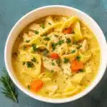 Creamy Chicken Noodle Soup Recipe served warm with herbs
