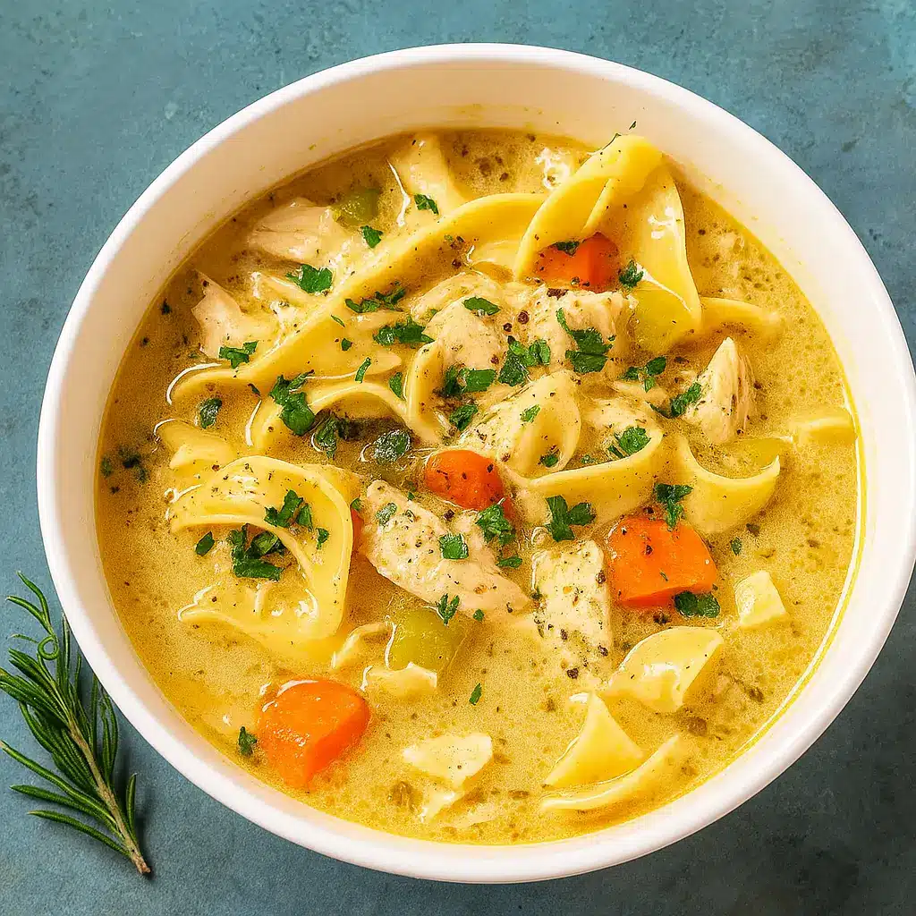 Creamy Chicken Noodle Soup Recipe served warm with herbs