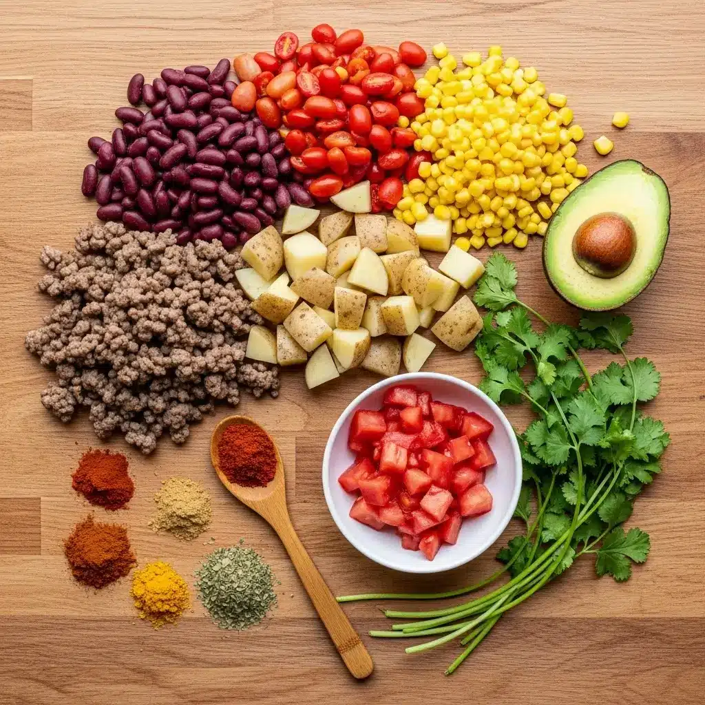 Creamy Crockpot Cowboy Soup ingredients on table