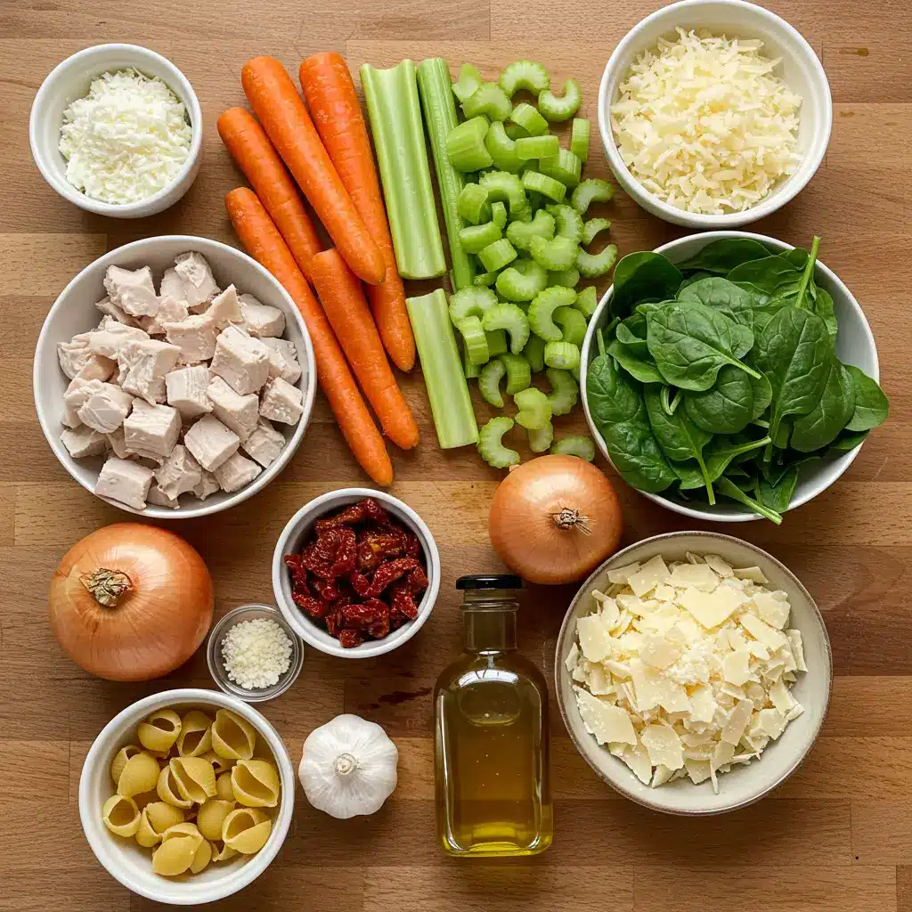Creamy Marry Me Tuscan Chicken Soup ingredients on rustic kitchen table