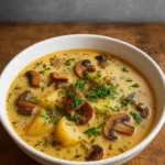Creamy Mushroom Potato Soup served in a rustic bowl with parsley and bread.
