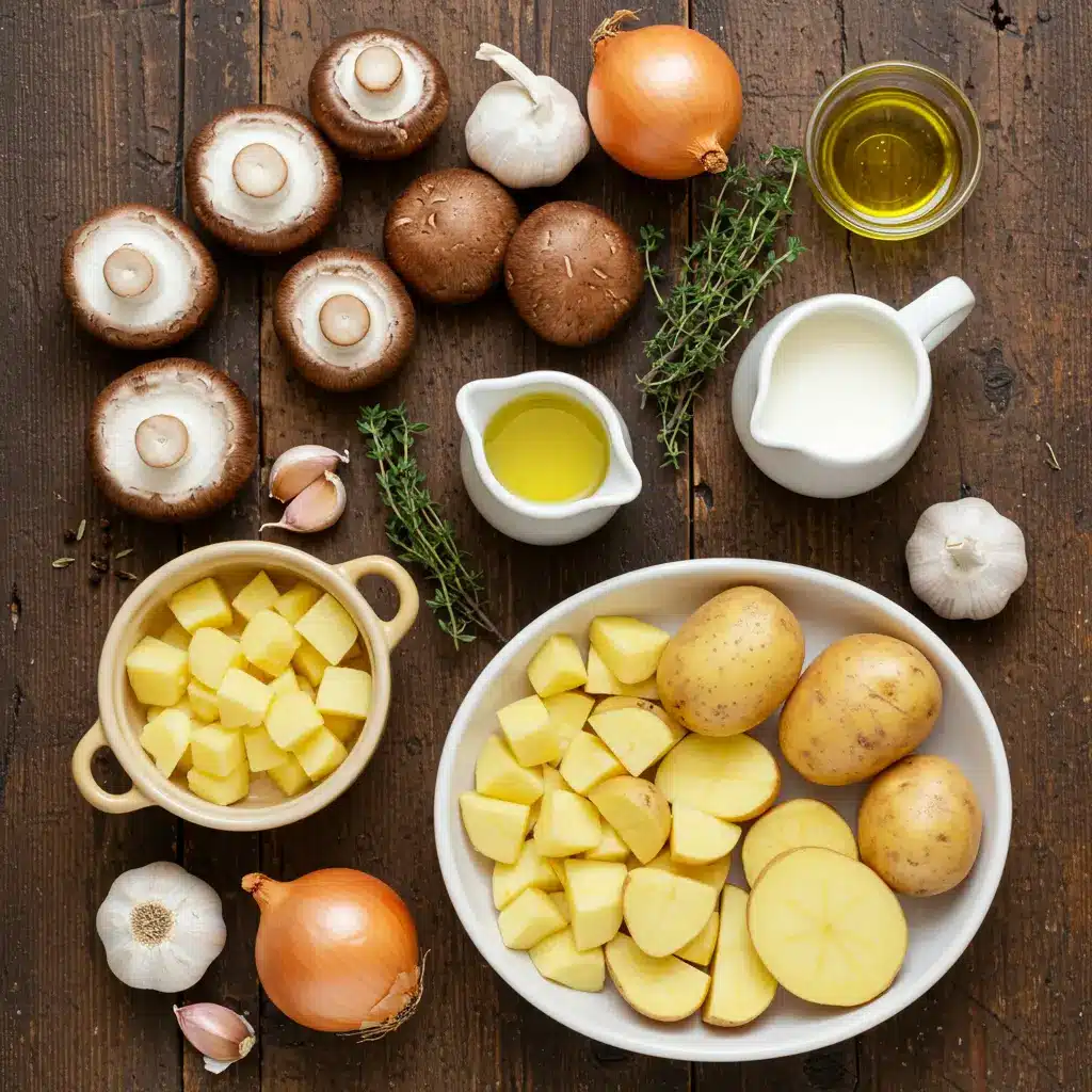 Ingredients for Creamy Mushroom Potato Soup arranged on a rustic wooden table