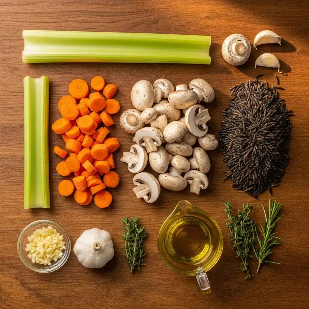 Creamy Mushroom & Wild Rice Soup ingredients flat lay