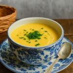 Creamy Patty Pan Squash Soup in a rustic kitchen setting
