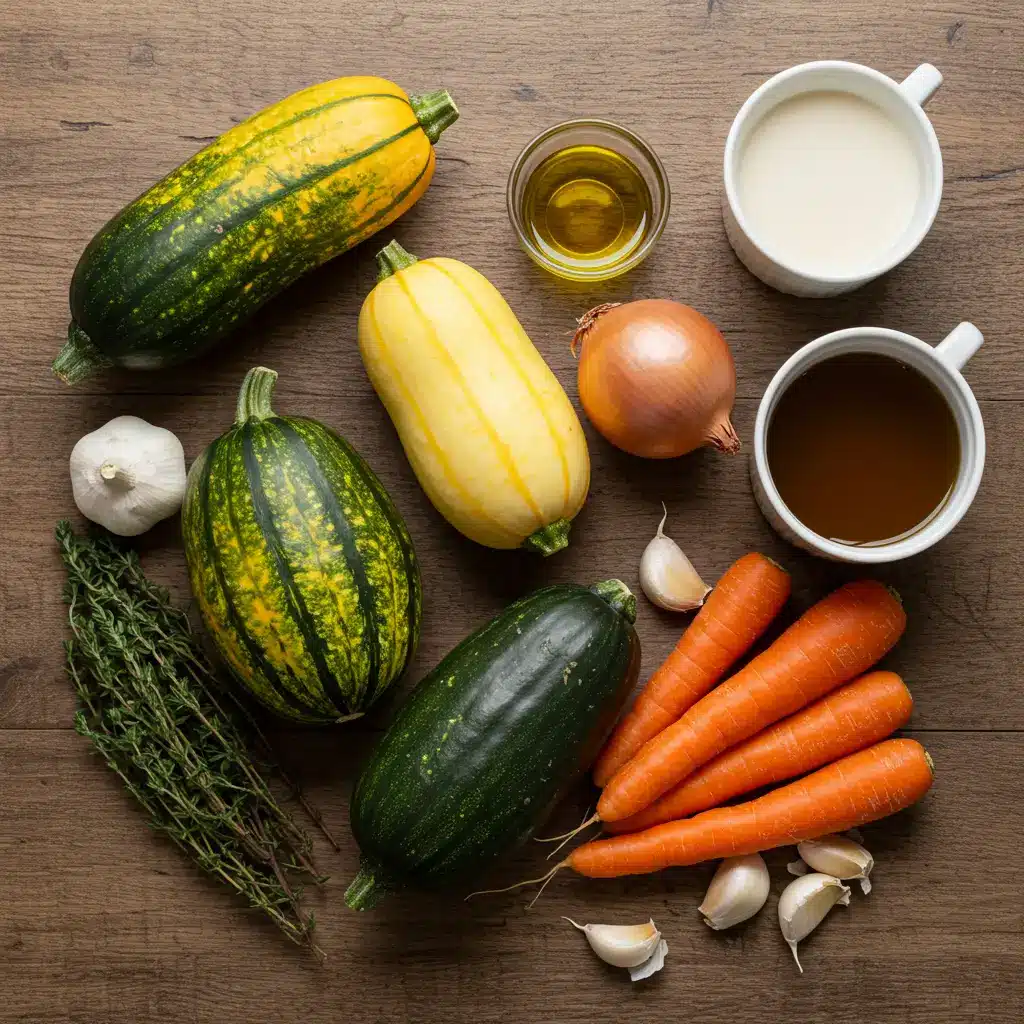 Ingredients for Creamy Patty Pan Squash Soup on a wooden table