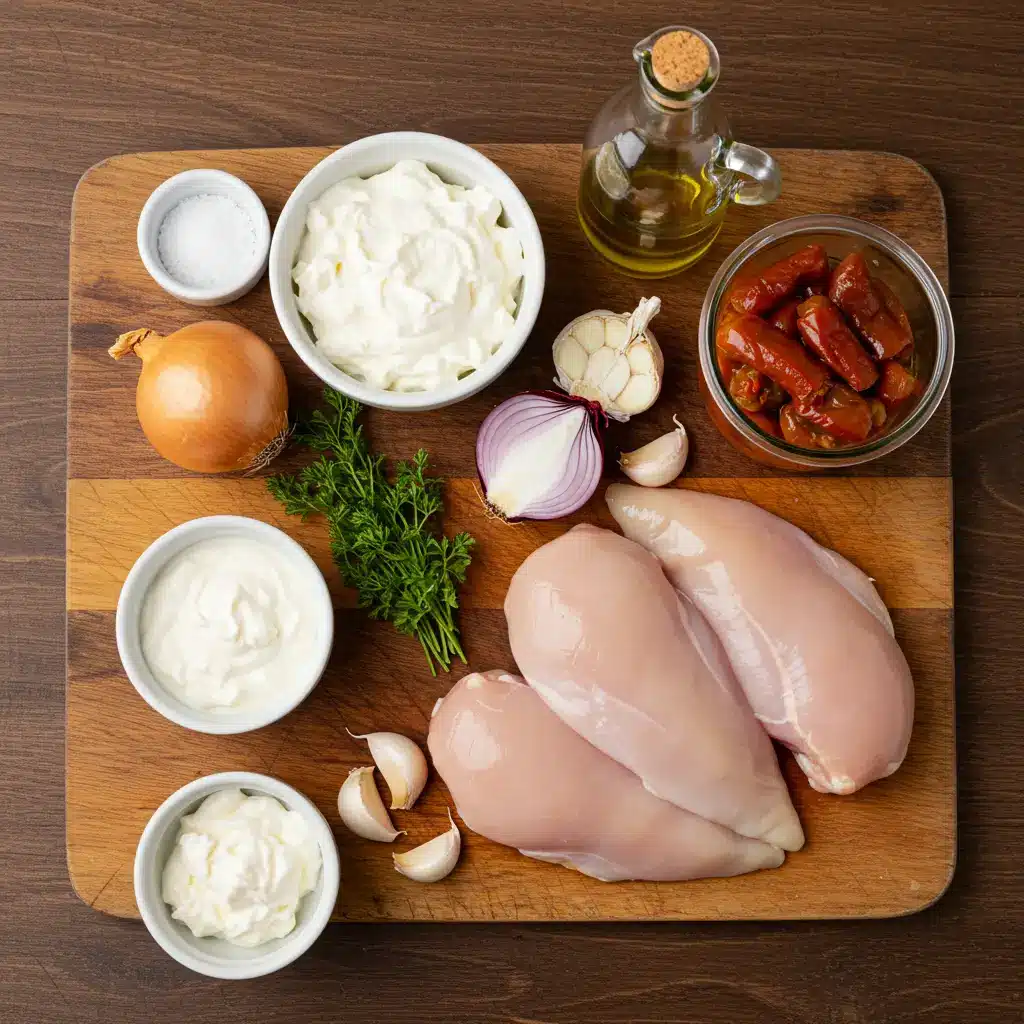 Ingredients for creamy pepperoncini chicken skillet on wooden table