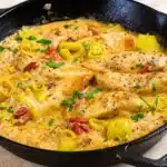 Creamy pepperoncini chicken skillet served in a cast-iron pan