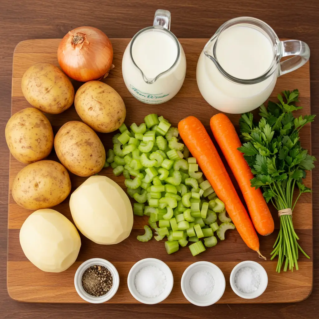 ingredients for creamy pioneer woman potato soup flat lay