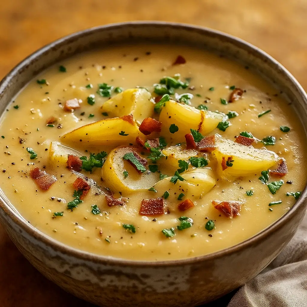 Homemade-creamy-potato-soup-served-in-a-rustic-white-bowl
