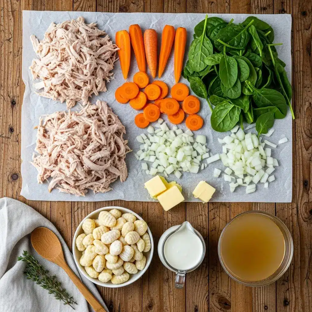 Creamy Turkey Gnocchi Soup ingredients flat lay
