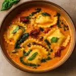 Creamy Tuscan Ravioli Soup in a bowl with basil and Parmesan
