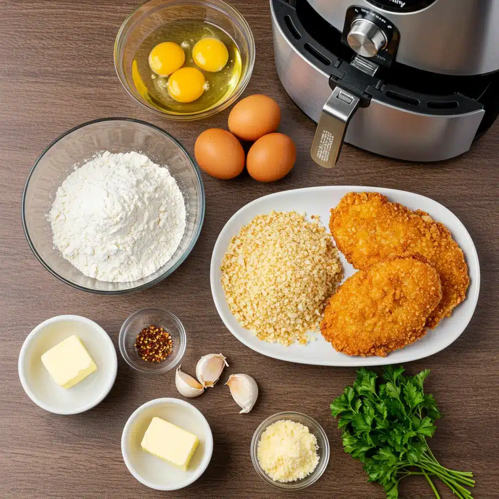 Ingredients for Crispy Garlic Butter Chicken with chicken, breadcrumbs, and garlic