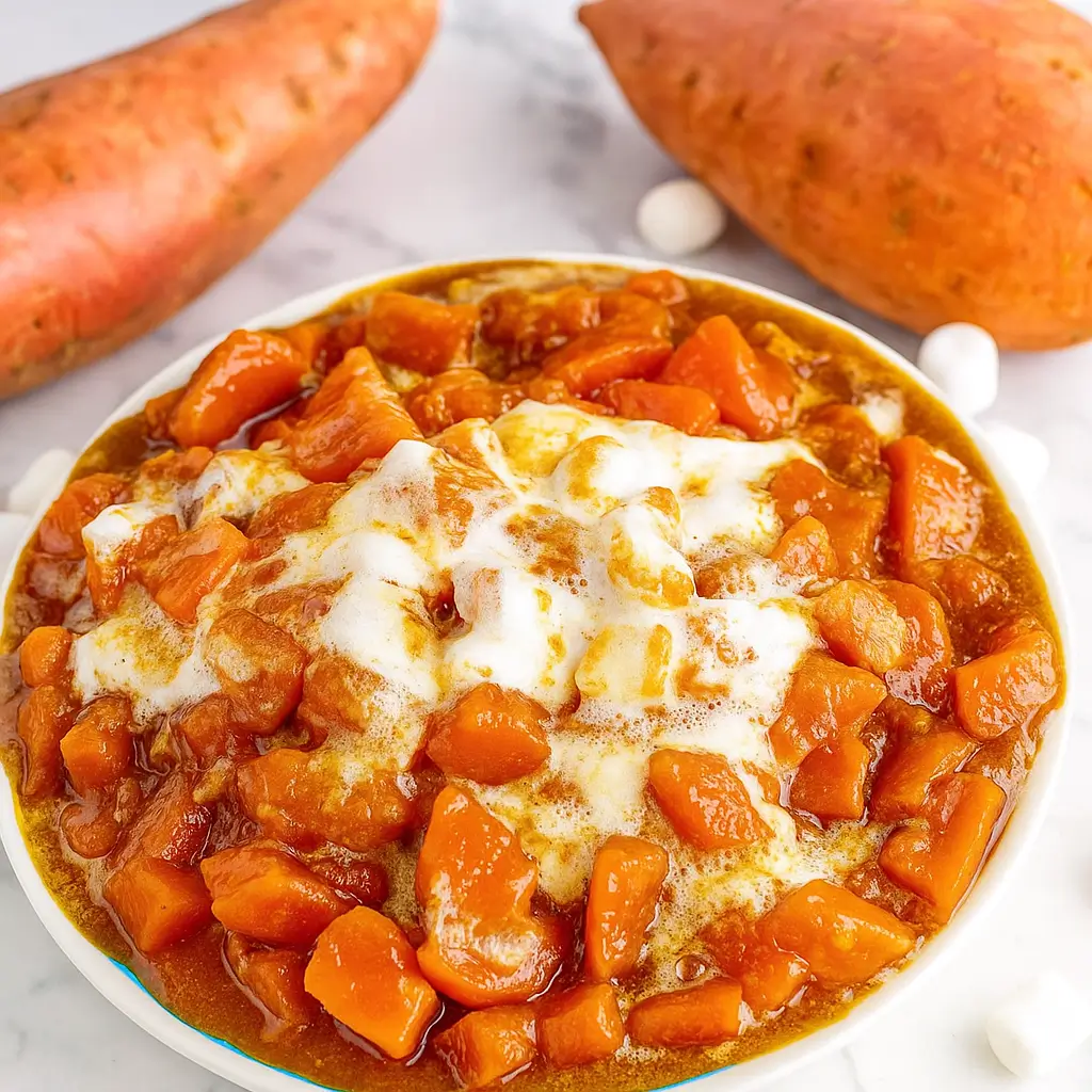 Crock Pot Candied Yams topped with melted marshmallows