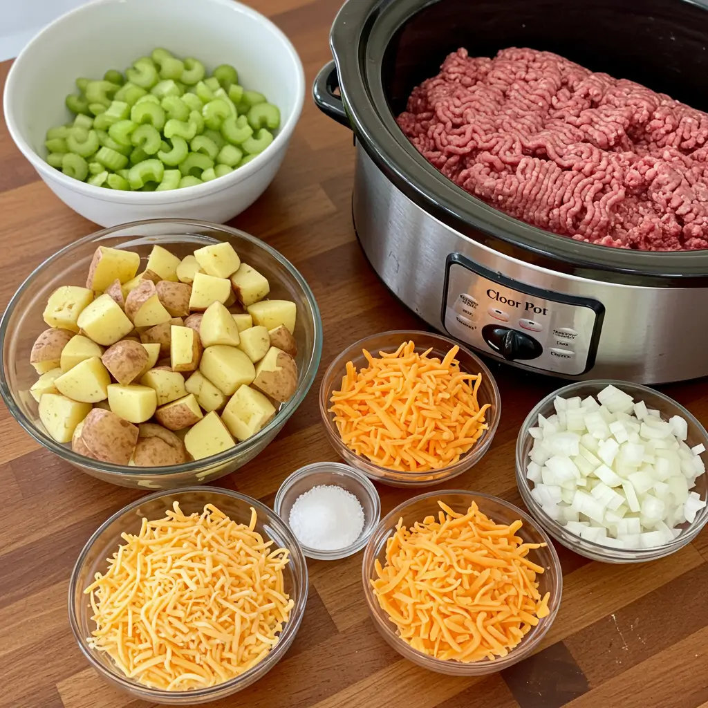 crock pot cheeseburger soup ingredients neatly arranged on kitchen counter