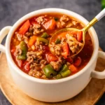 Crock Pot Stuffed Pepper Soup served in a cozy kitchen setting