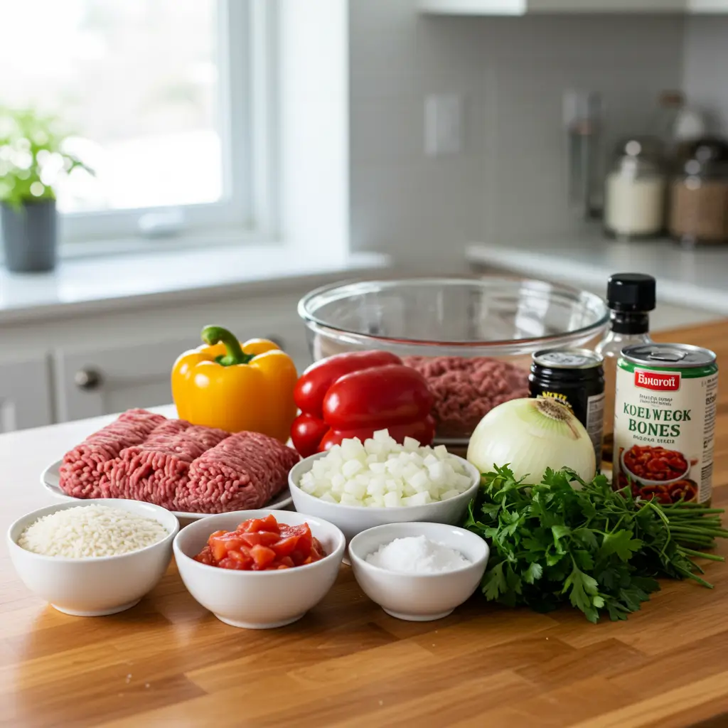 Crock Pot Stuffed Pepper Soup ingredients on wooden counter