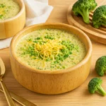 Crockpot Broccoli Cheese Soup served in rustic bowl
