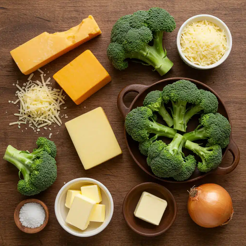 Crockpot Broccoli Cheese Soup ingredients on rustic kitchen table
