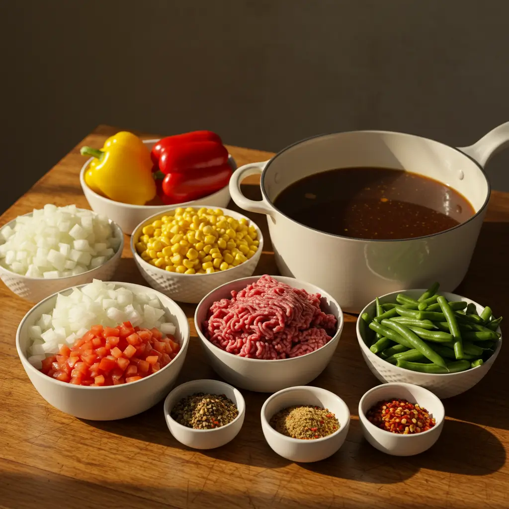 Crockpot Cowboy Soup ingredients arranged on a wooden table