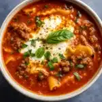 Crockpot Lasagna Soup Recipe in a rustic bowl