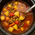 crockpot-vegetable-beef-soup in rustic bowl